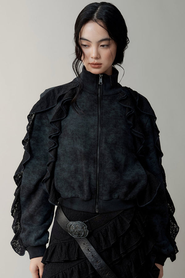 얼룩무늬 눈송이 러플 스웨트셔츠 