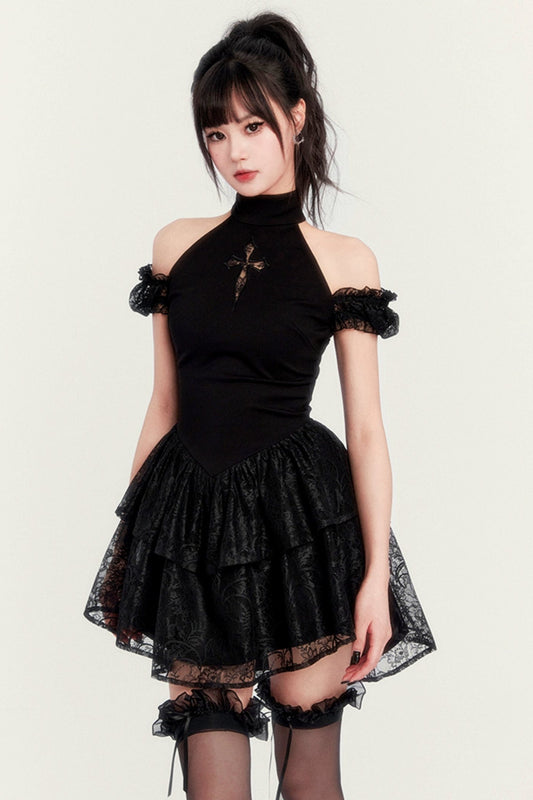 VOCK Dark Fall Halloween niche design sense Gothic cut-out cross slim tutu dress