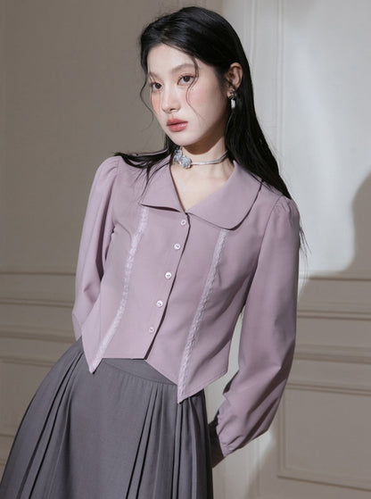 Doll Neck Waist Tie Purple Shirt