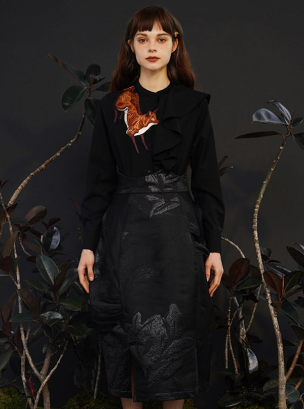 Embroidery Stand Up Collar Cotton Shirt