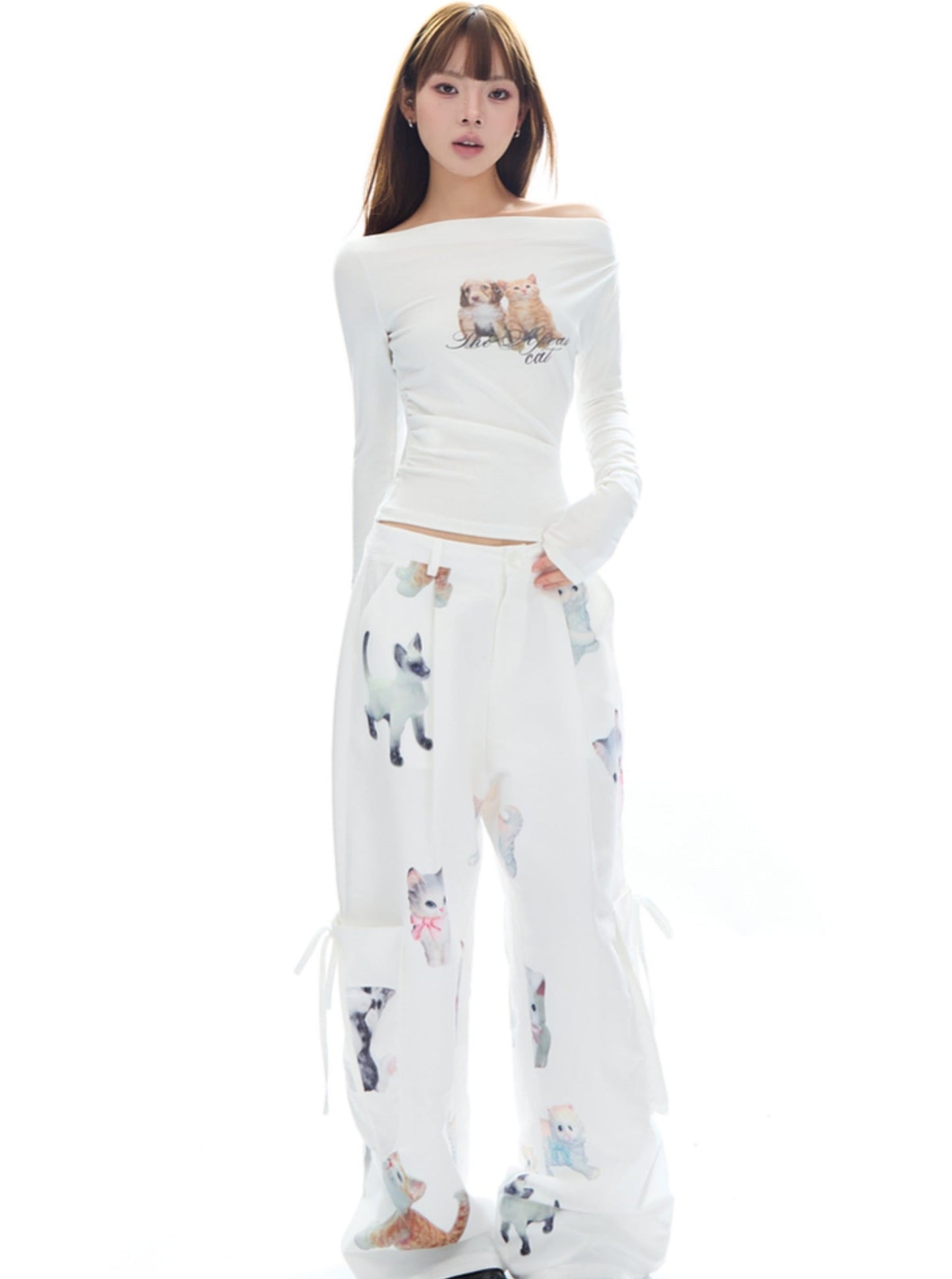 Ceramic Cat Print Shirred Cargo Pants