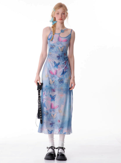 Butterfly Graffiti Print Slip Dress