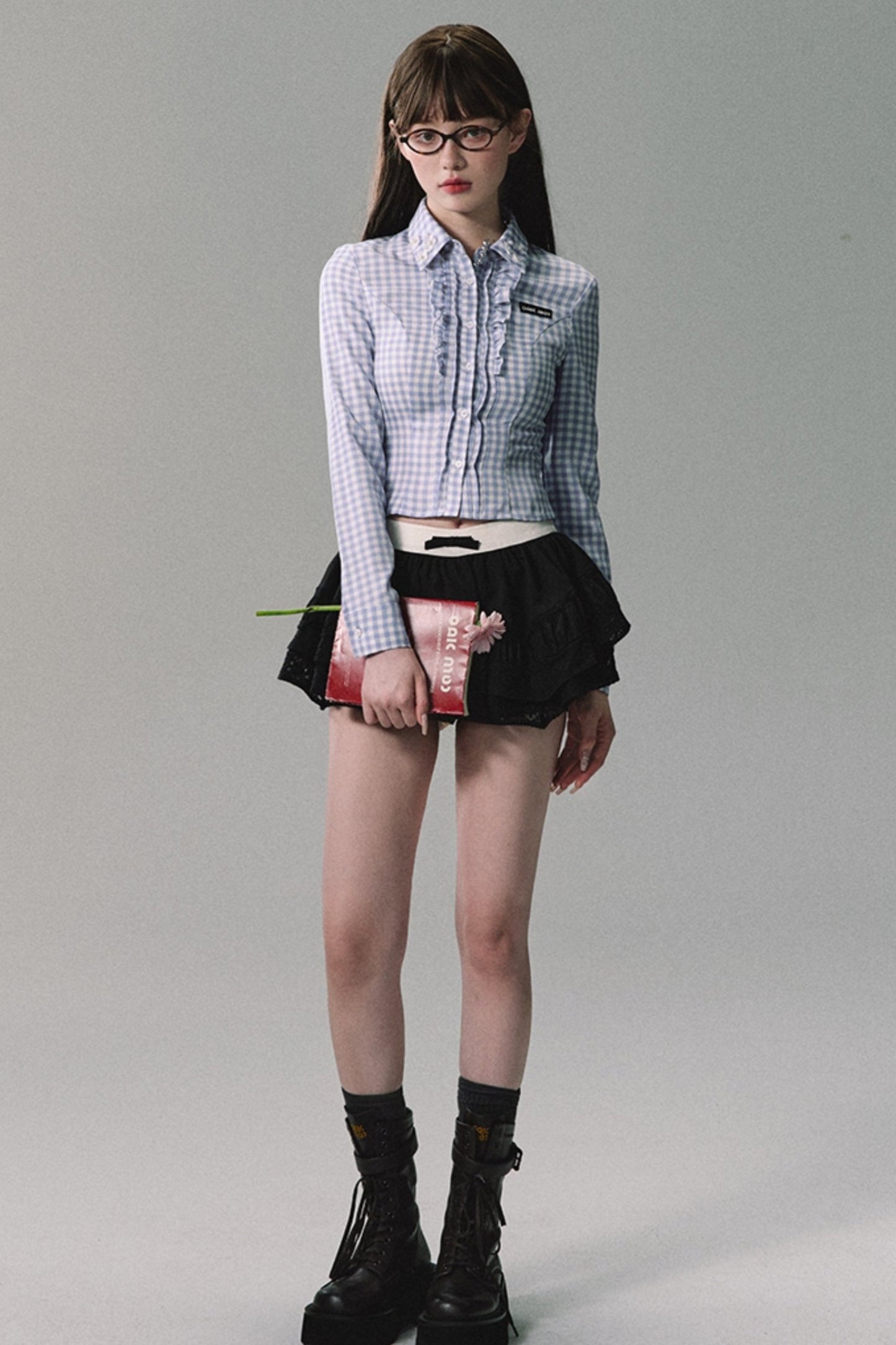 Blue White Plaid Shirt Skirt Set-Up