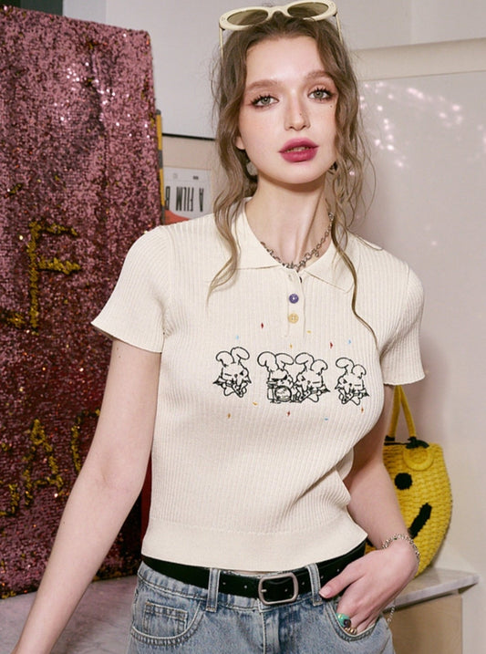 Bunny Embroidery Polo Crop Top