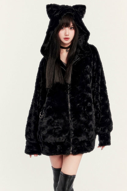 ECO FUR CAT EARS HOODED JACKET