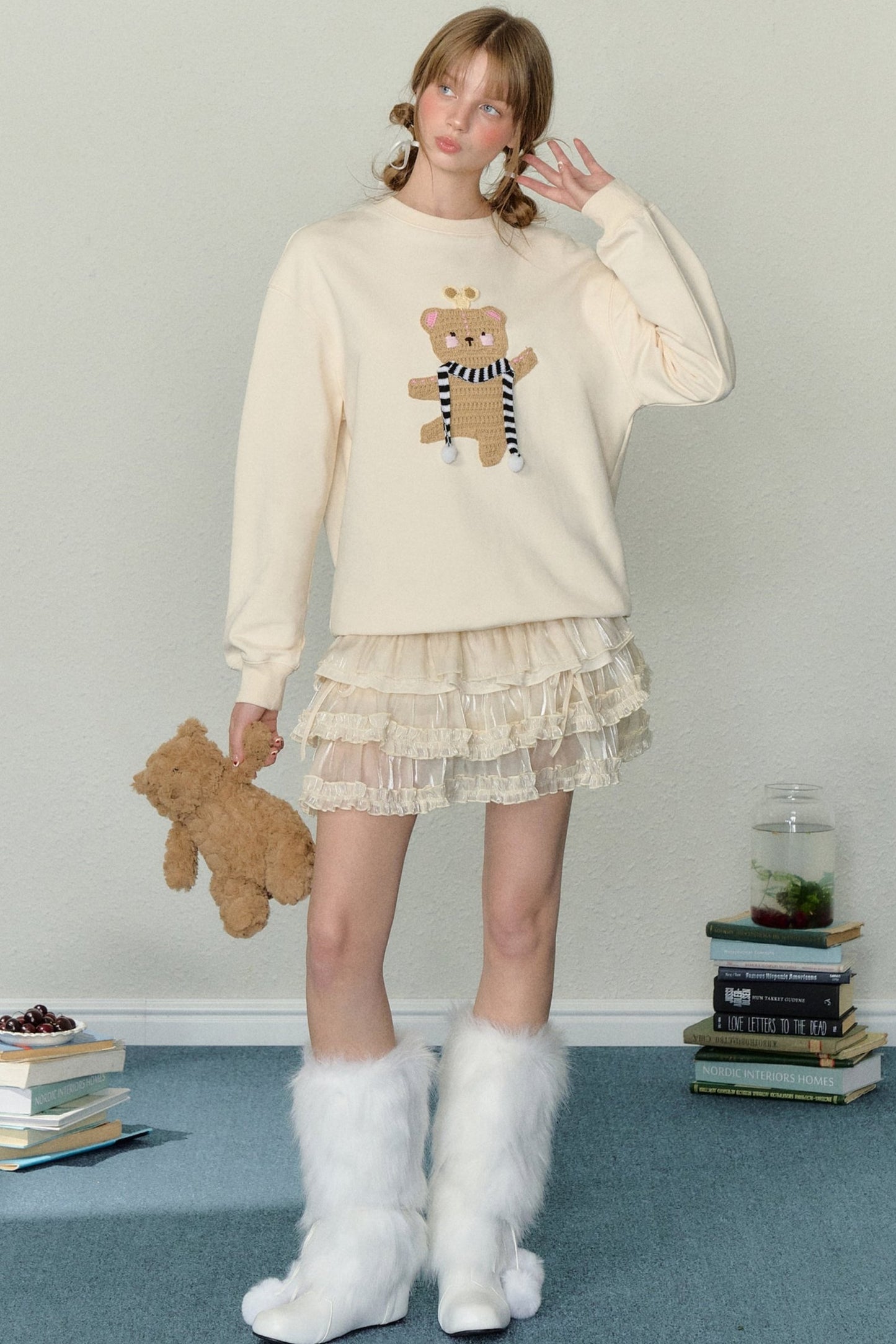 AYF Clockwork Dancing Bear Pullover Sweatshirt Pre-Fall French Vintage Embroidery Loose Slouchy Round Neck Sweatshirt Women