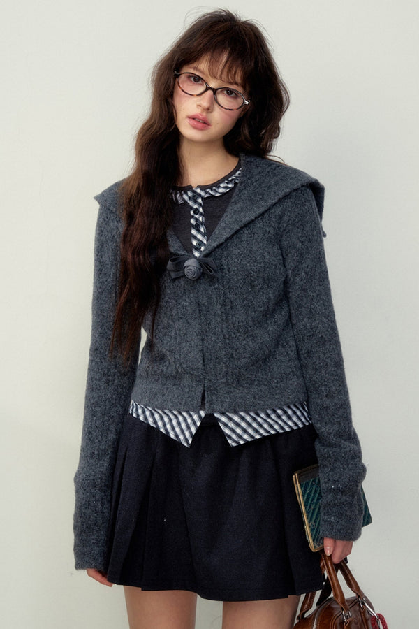 Marinefarbener Kragen Strickjacke 