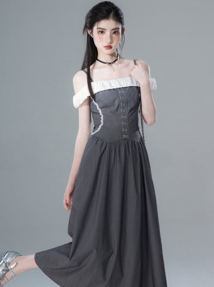Ink Gray One-Shoulder Waist Dress