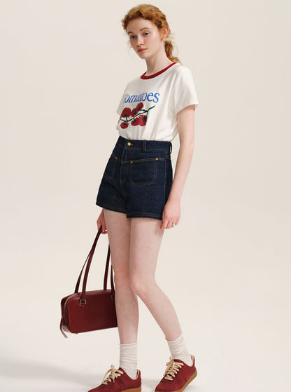 Contrast Topstitch Denim Shorts Pants