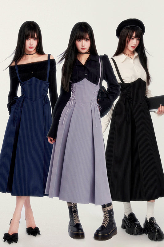 VOCK retro chest strap dress autumn and winter parrot pear co-branded waist pleated maxi skirt herringbone waist seal