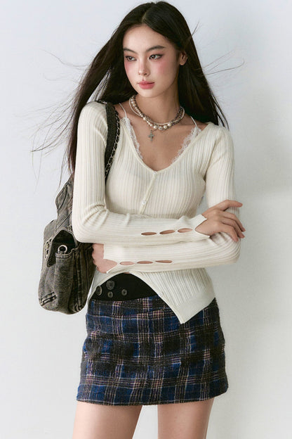 Lace Patchwork Wool Knit Top