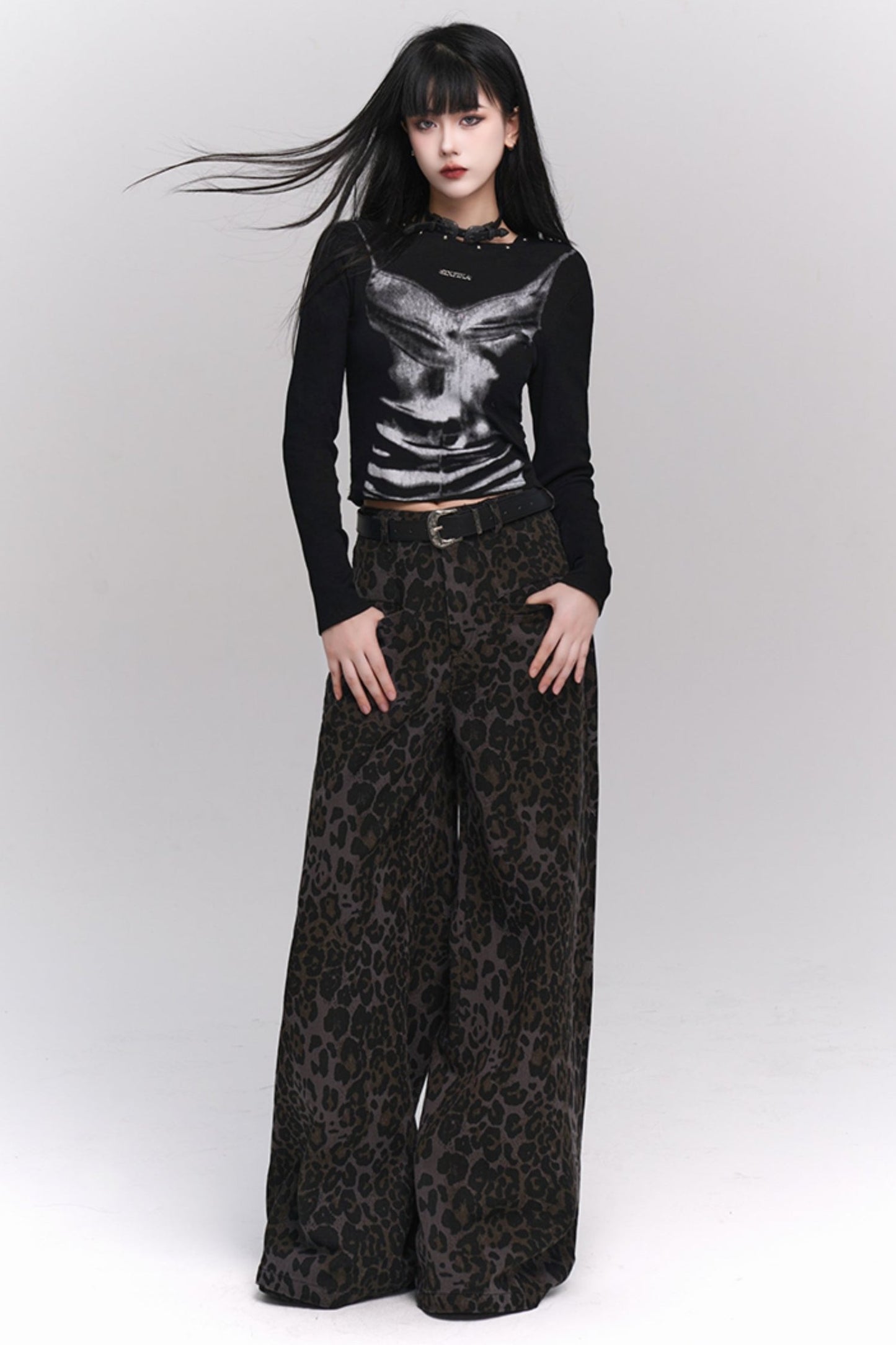 Ghost Girl American Leopard Print Jeans Wide-leg Pants Women's 2024 New Spring and Autumn Straight Pants Sweet and cool wear in early autumn