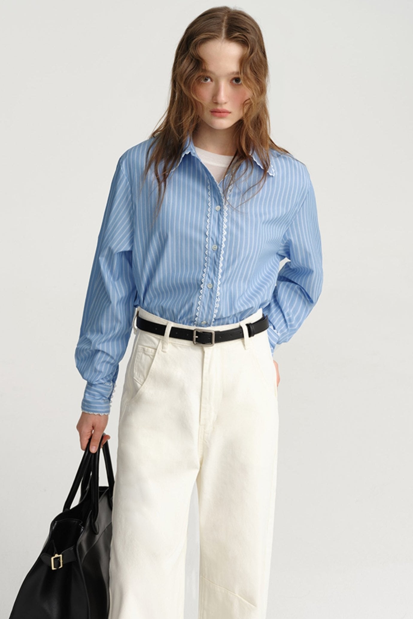 DESIGNER PLUS Blue Pinstripe Long Sleeve Shirt Women's Pre-Fall Design Lace Trim Lapel Shirt