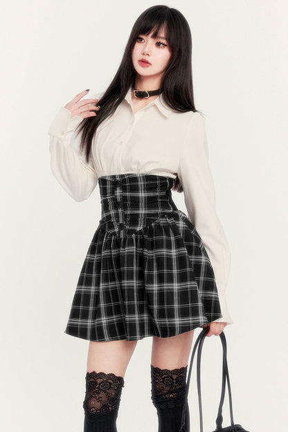 High WAIST HERRINGBONE CHECK STRAP SKIRT