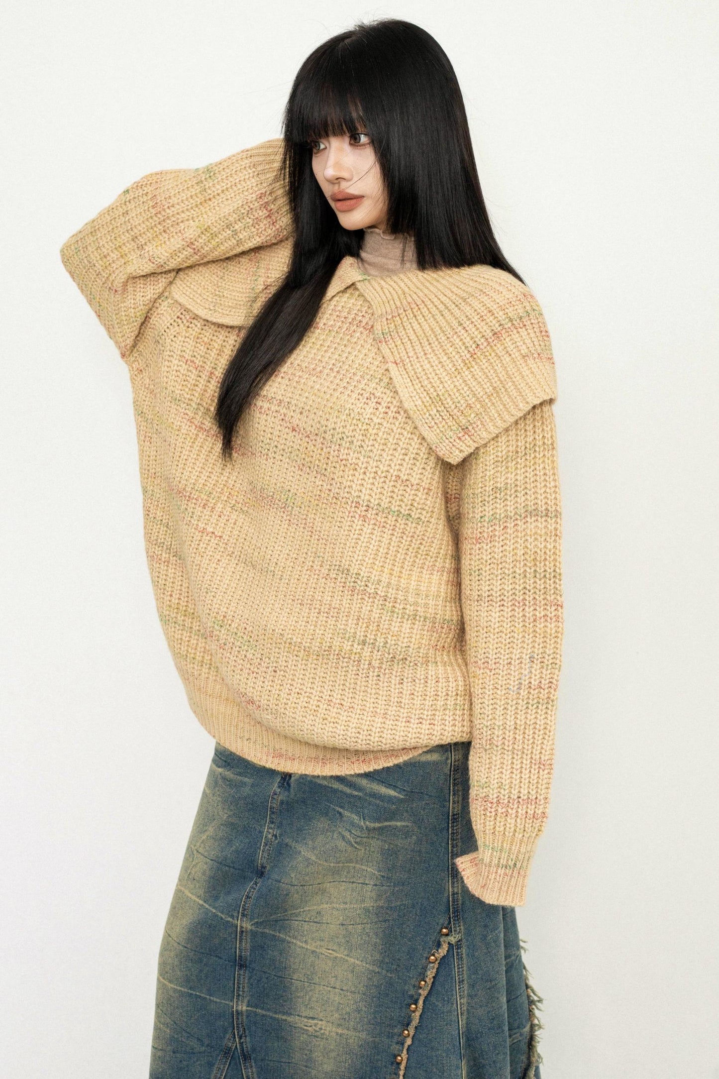 Wide Collar College Knit Sweater