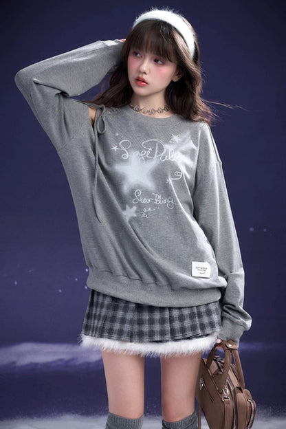 Gray Off-Shoulder Lace Sweatshirt