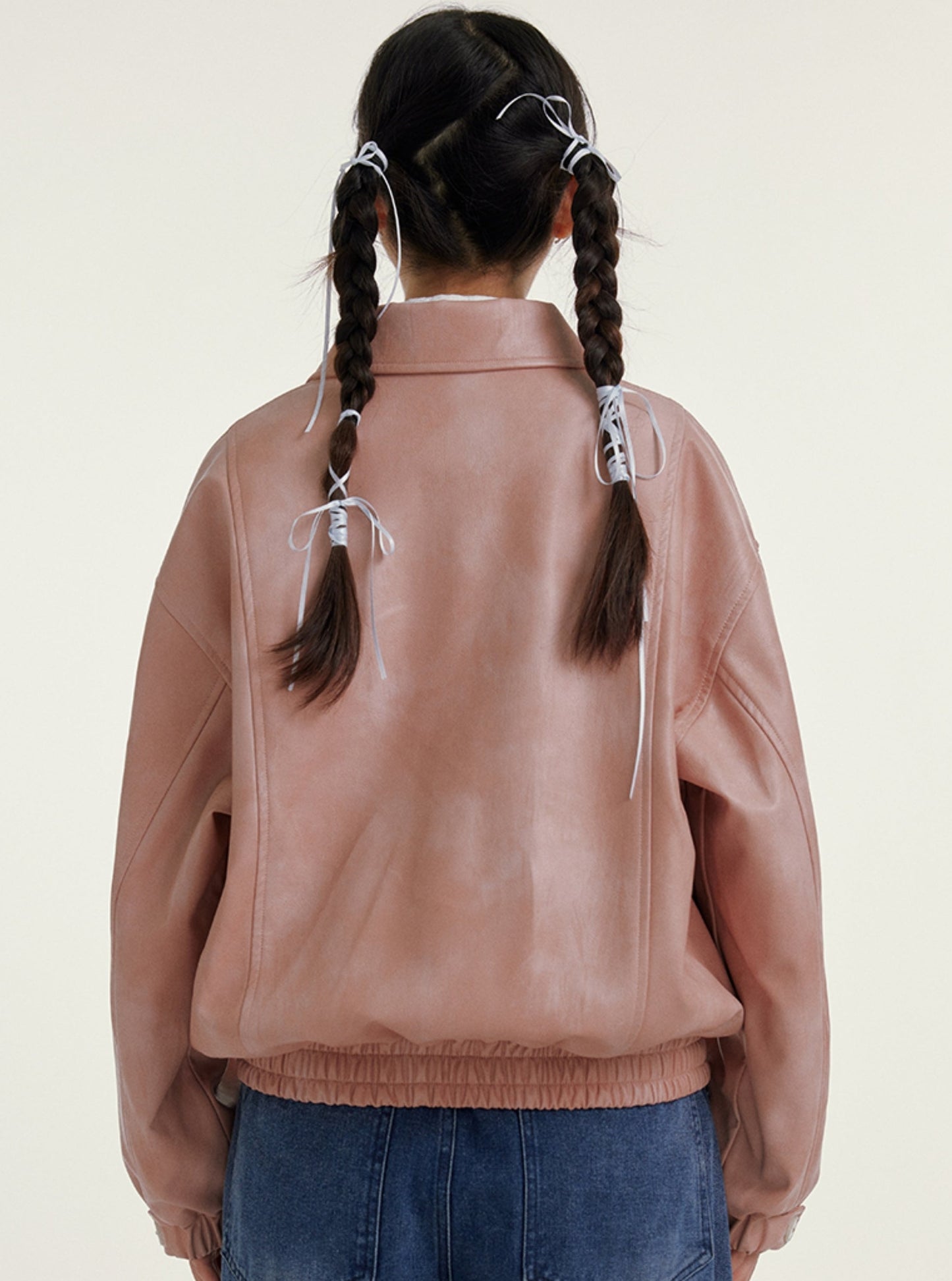 Bow Pocket Pink Alphabet Leather Jacket