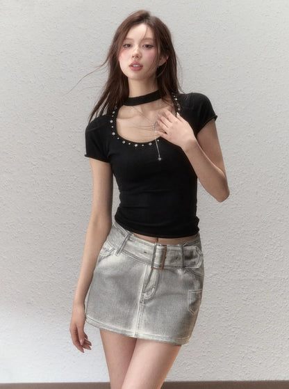 Rhinestone Choker Wool Top