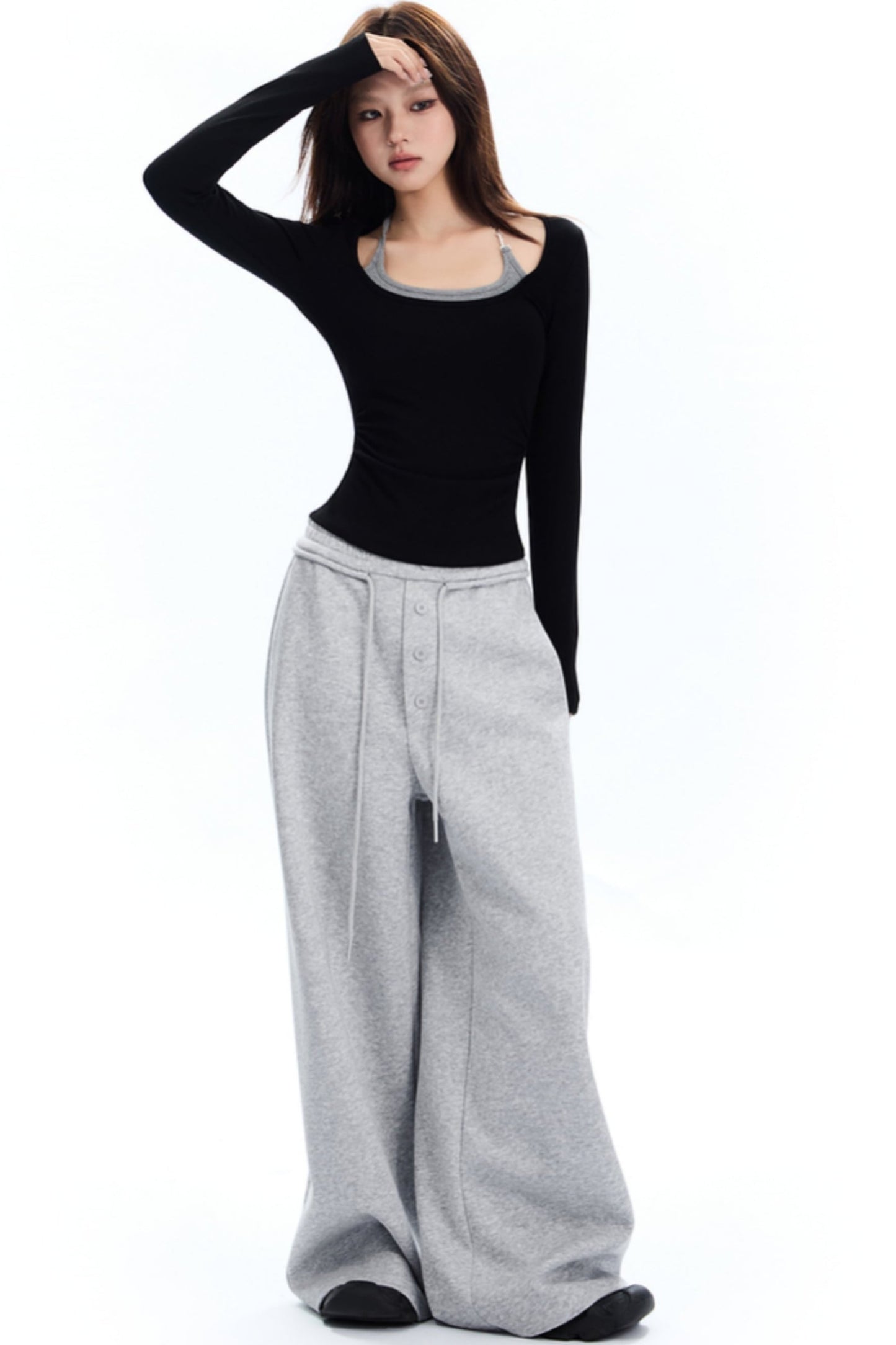 APEA American Retro Fake Placket Black Grey Straight Leg Sweatpants Women's Elasticated Waist Drawstring Loose Wide Leg Casual Pants