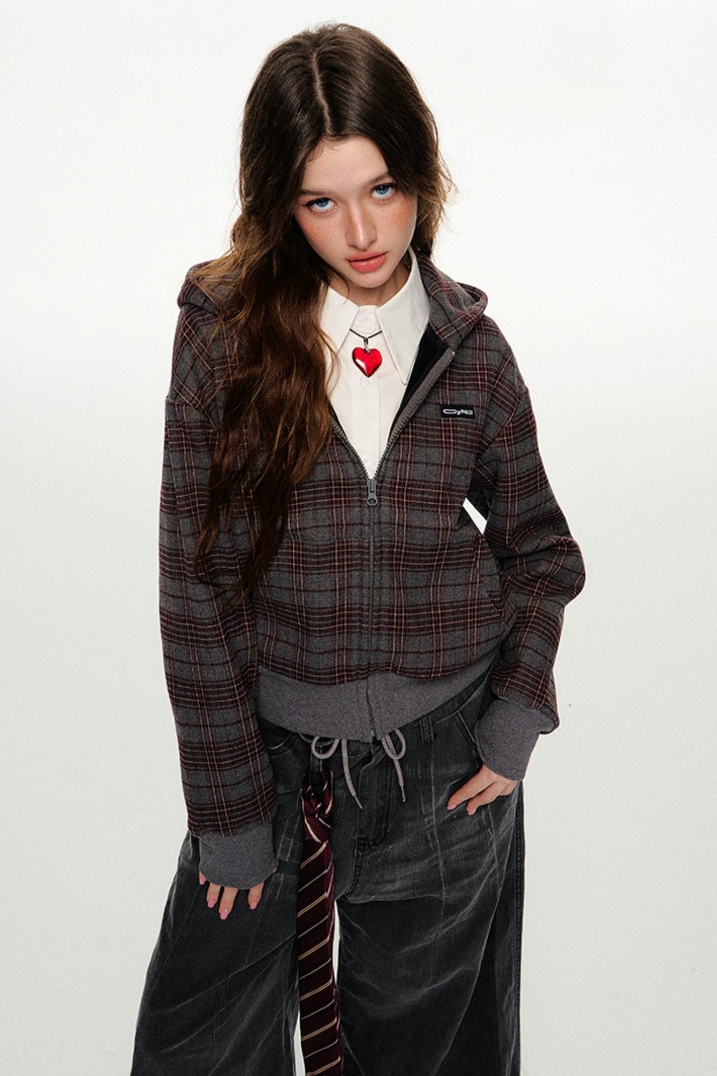 Plaid Hooded Cardigan Sweatshirt Zip Up Jacket