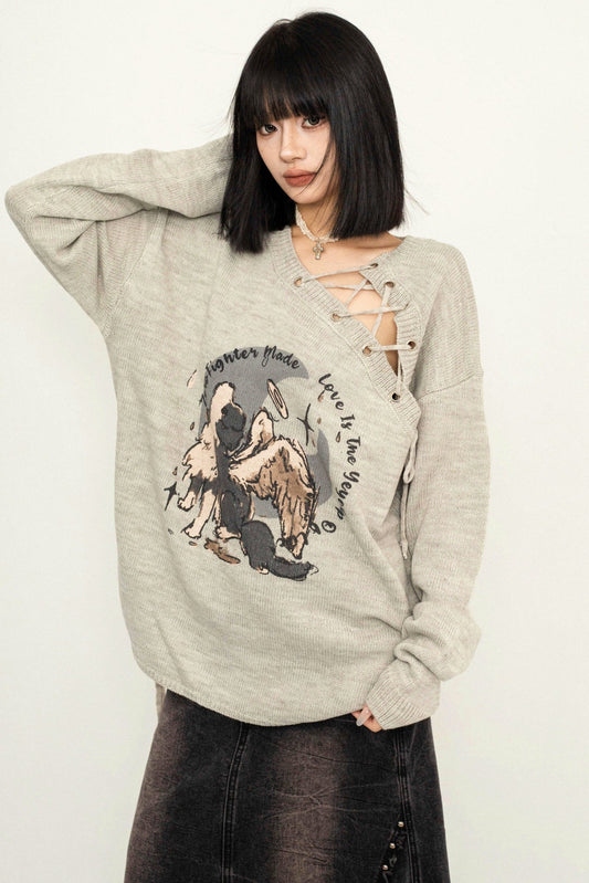 Off-Shouder Lace-Up Knit Sweater