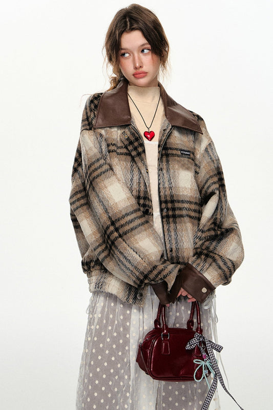 CyNi American Plaid Woolen Jacket Top, Wolle Tweed Revers, Herbst weiblich braun Temperament, Senior Short O