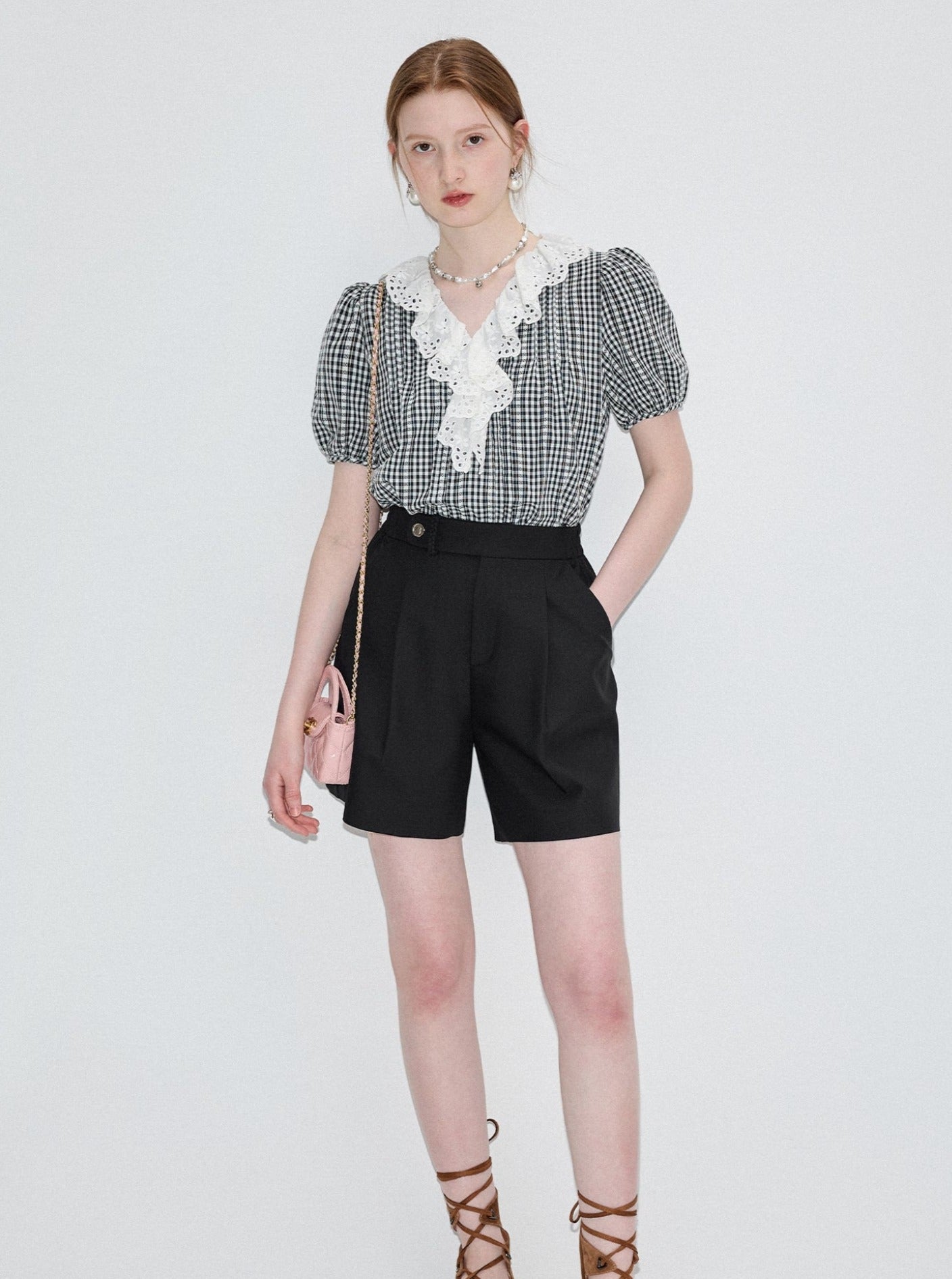 Lace Collar Check Short Sleeve Shirt