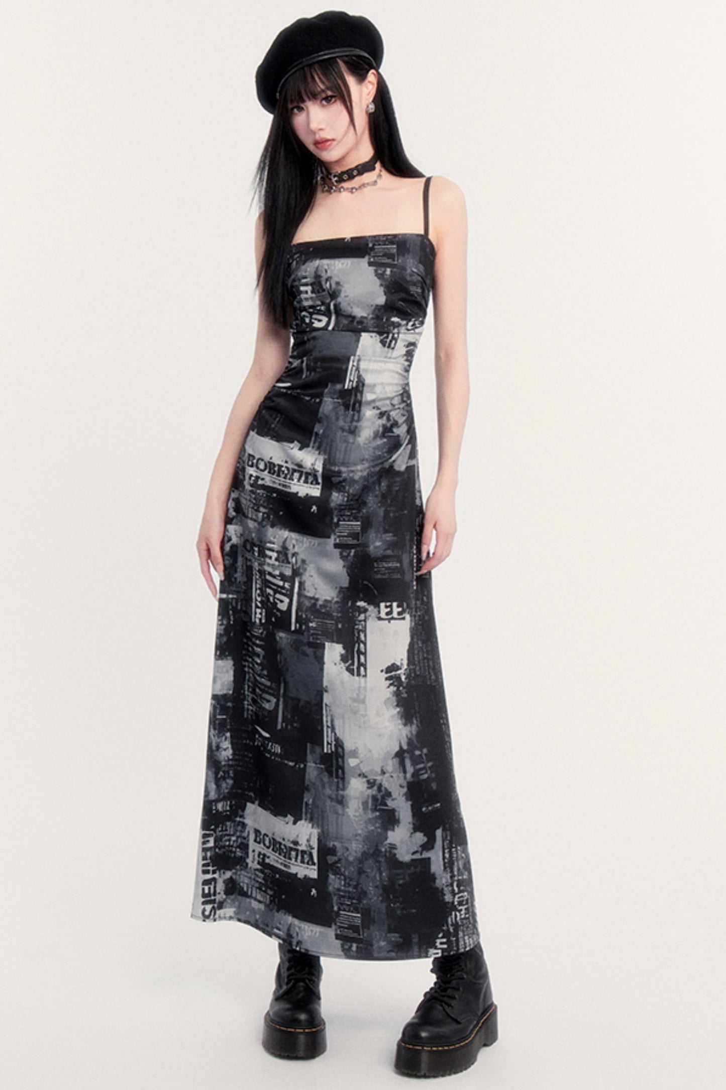 Pictorial Print Slim Long Slip Dress