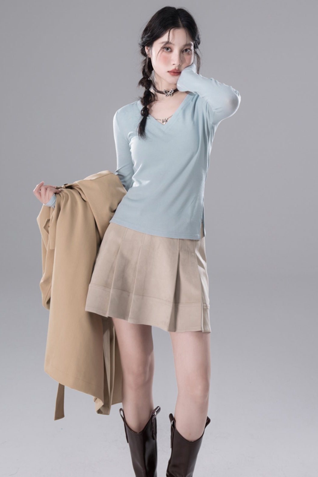 COTRE Inspired Base Layer Jasmine White Buds, Newborn Blue V-Neck Slim Fit Base Layer