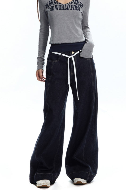 Natural Denim Wide-Leg Pants