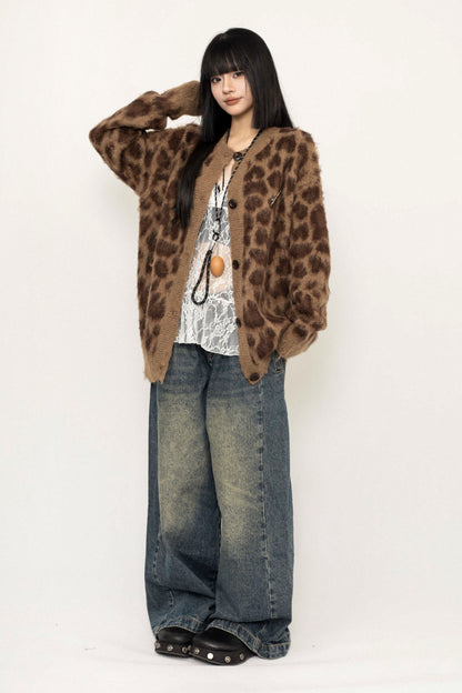 Loose Fit Leopard Print Knit Jacket