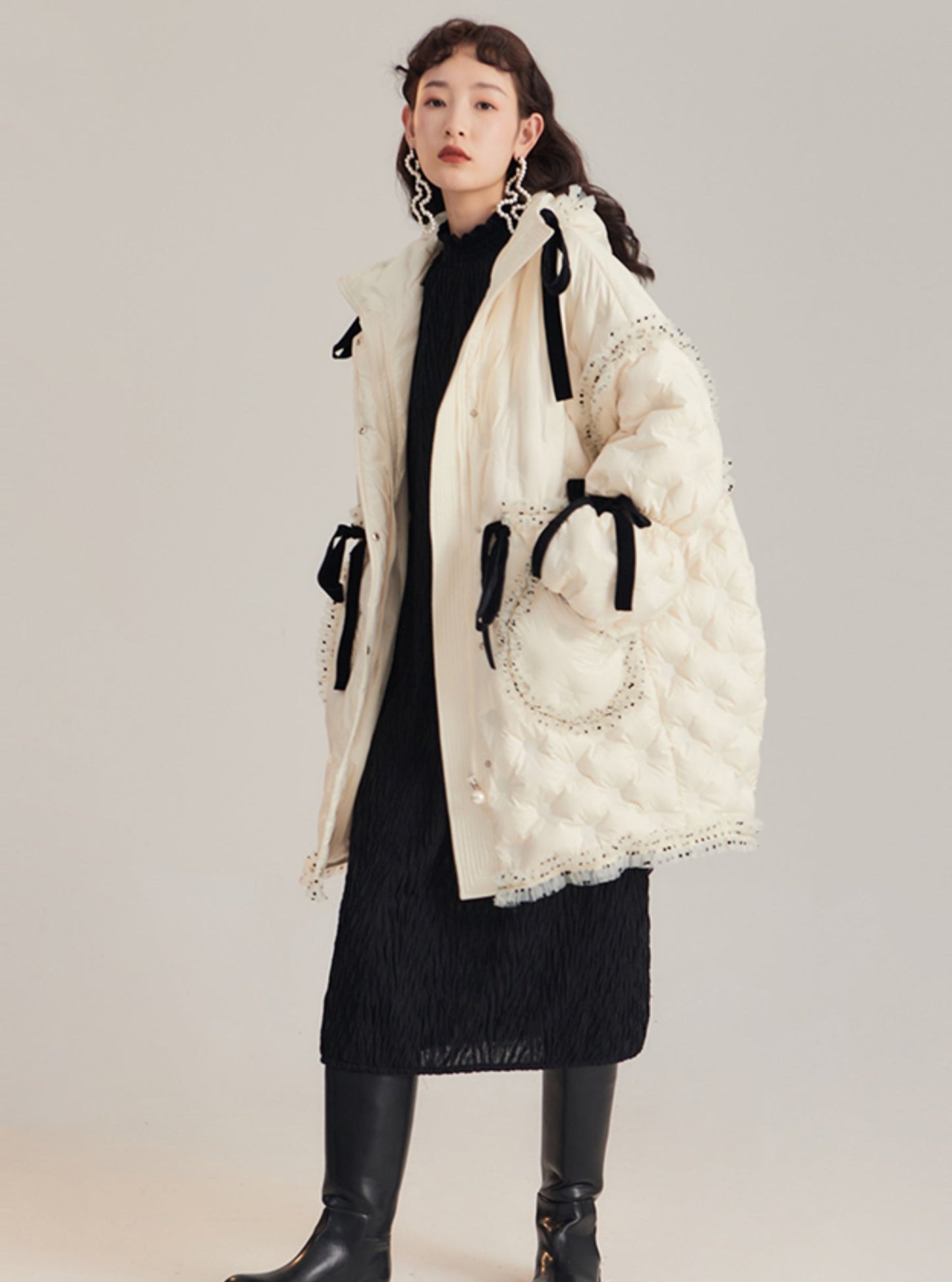 Lace flocking mid-length down jacket