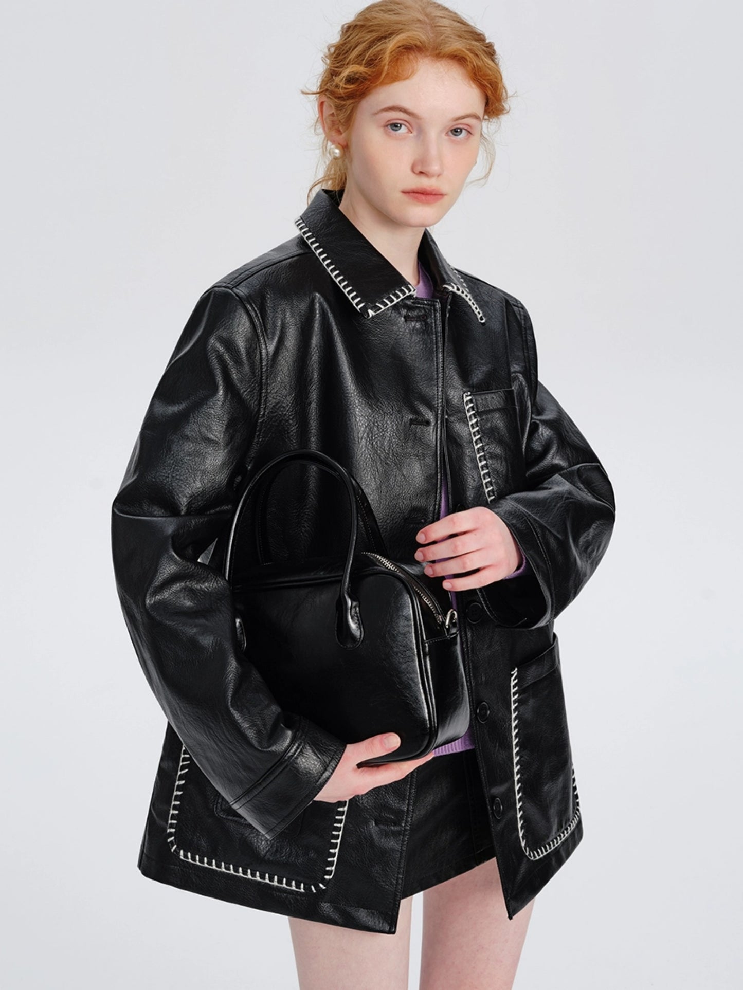 Mid-length lapel loose PU leather jacket