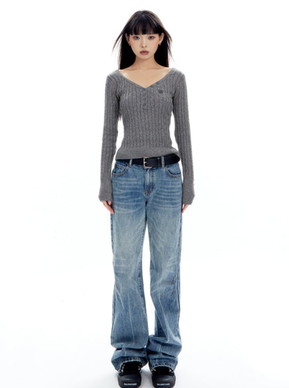 Retro Shoulder Cable V-Neck Sweater