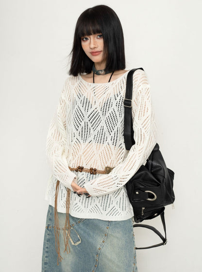 Cut-Out Mesh Pullover Knit Top
