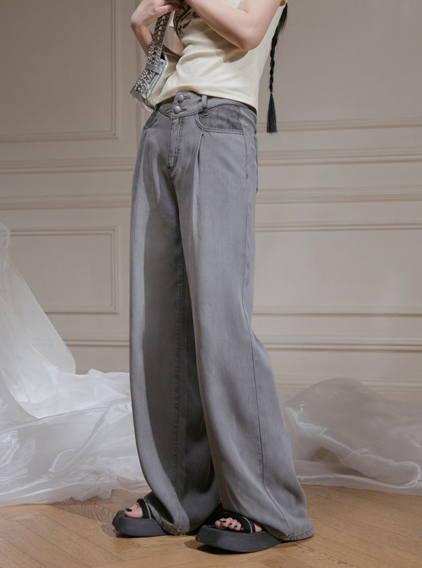 Grey Wide-Leg Denim Pants