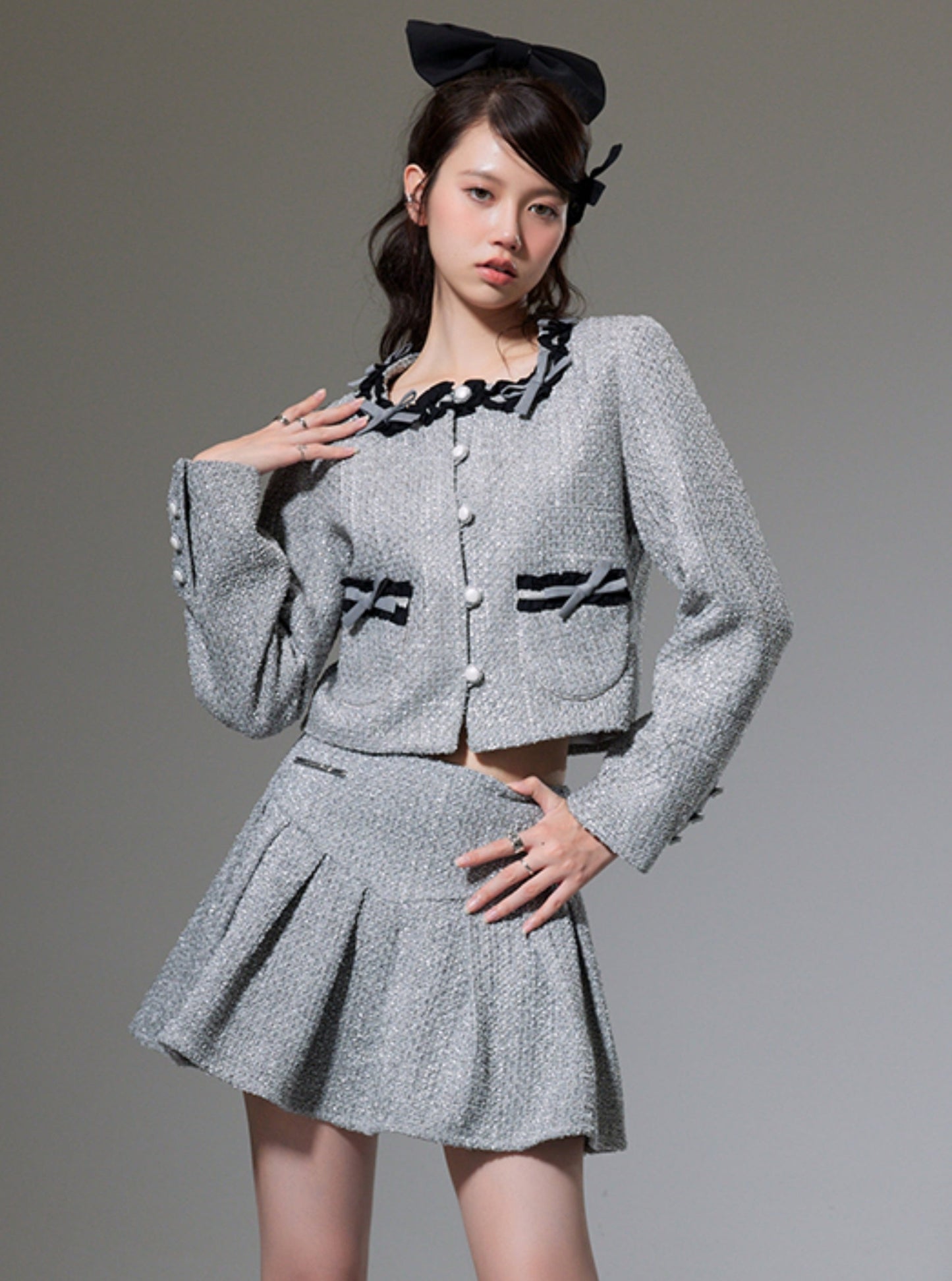 long sleeve top + pleated skirt two-piece set