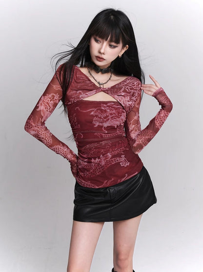 Chinese Style Red Waist Cinched Sweet Top