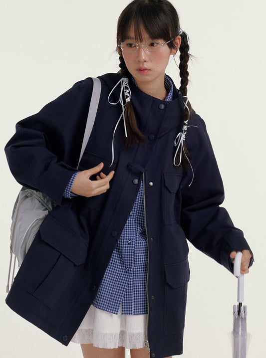 Navy Collar Hooded Cargo Trench Coat