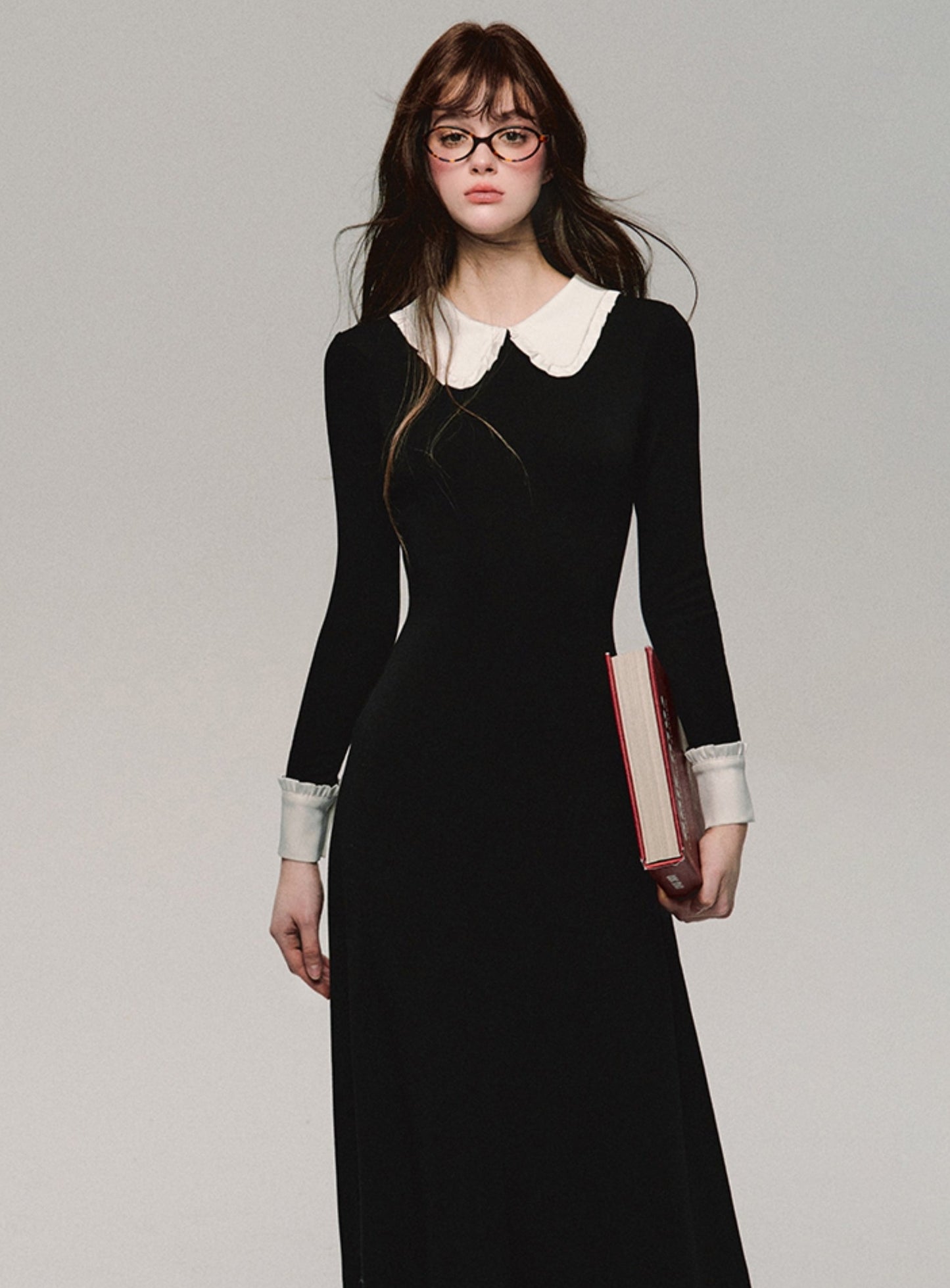 French Contrast Silk Long Sleeve Dress