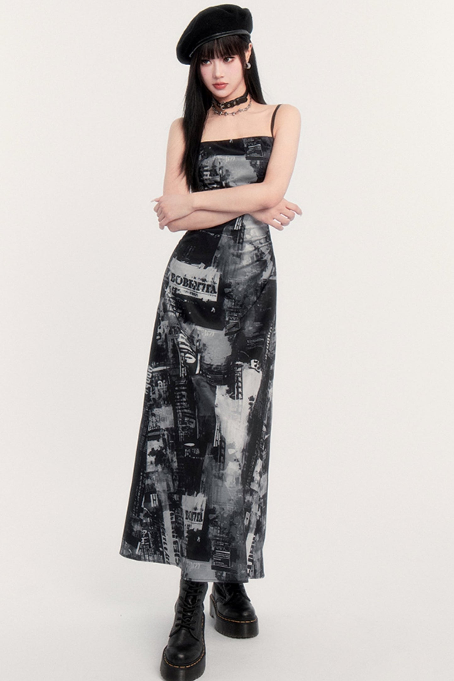 Pictorial Print Slim Long Slip Dress