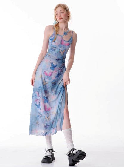 Butterfly Graffiti Print Slip Dress