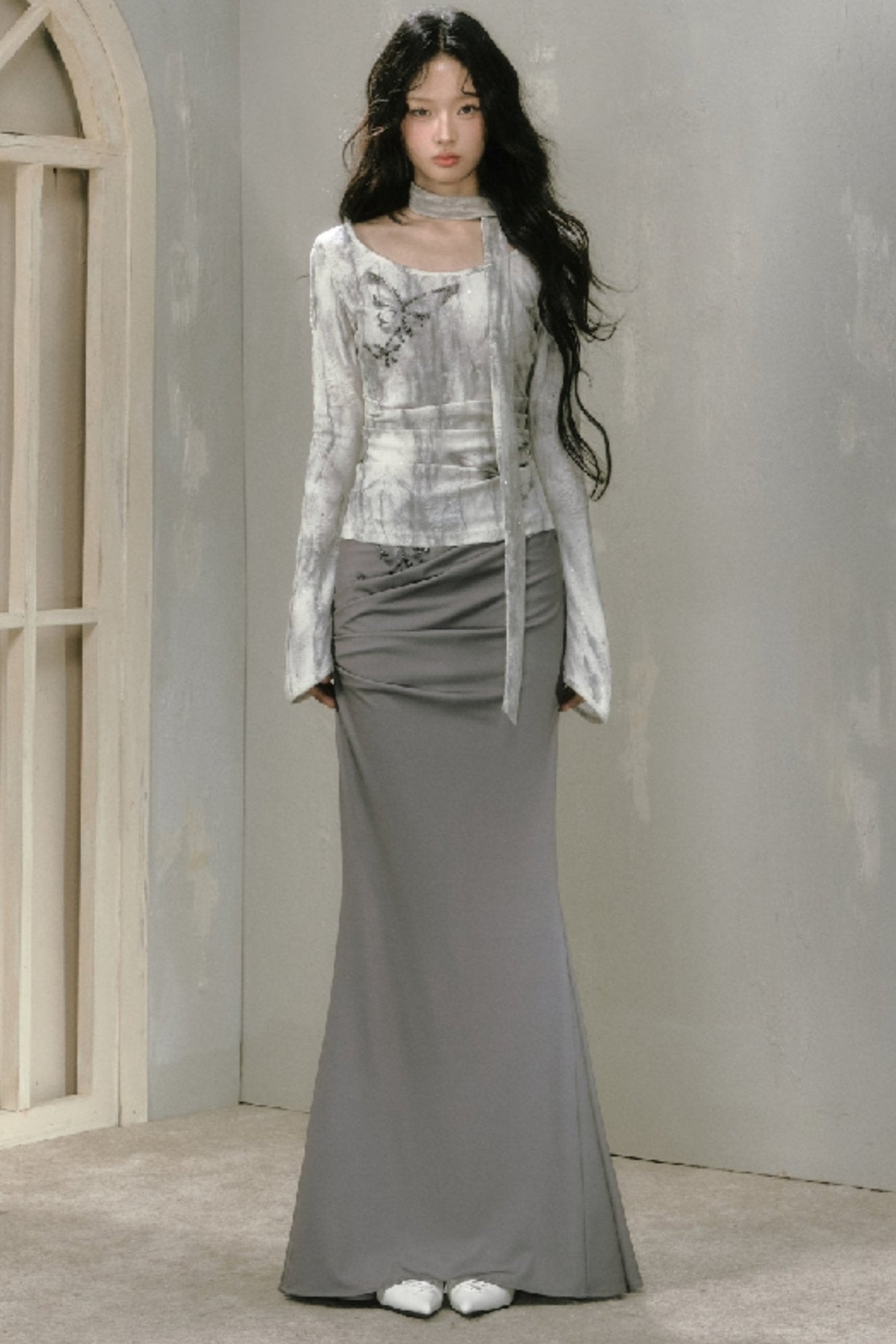 Gray Pleated Fishtail Skirt