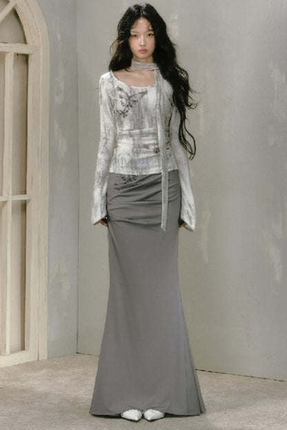 Gray Pleated Fishtail Skirt