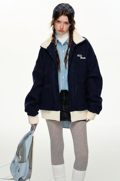 Preppy Fleece Stand-Up Collar Jacket