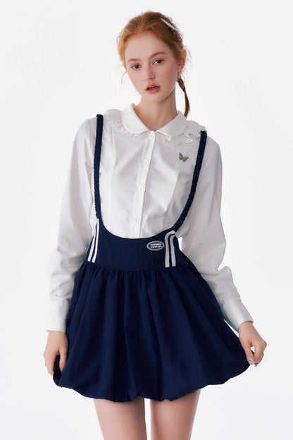 Retro Dark Blue Sportswear Puffy Strap Skirt