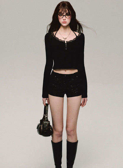 Black Sequin Slim Spring Hot Pants