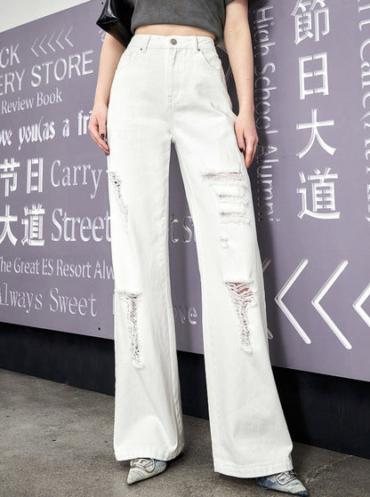 Chic Ripped High-Waist White Denim Pants