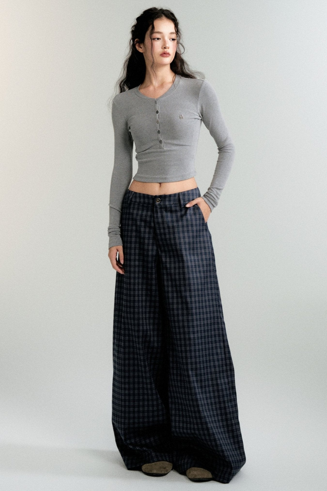 LULUSWINGS 24AW Slouchy Antique Navy Plaid Wide-Leg Pants Women's Loose Casual Straight Pants