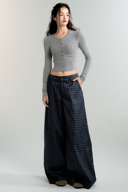 LULUSWINGS 24AW Slouchy Antique Navy Plaid Wide-Leg Pants Women's Loose Casual Straight Pants